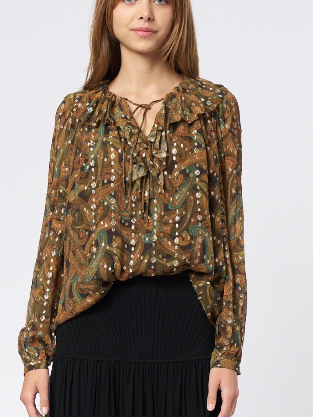 Ulla Johnson Emile Ruffled Metallic Silk Blouse Tiger's Eye Size 6